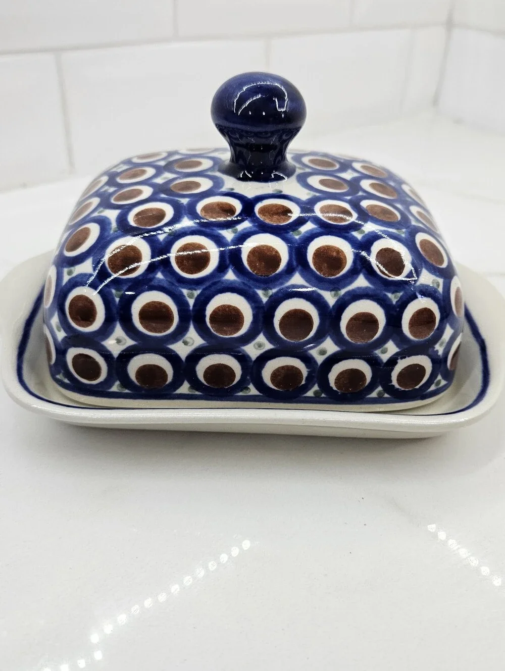 Boleslawiec Polish Pottery Peacock Butter Dish Blue Brown Circles Covered Large